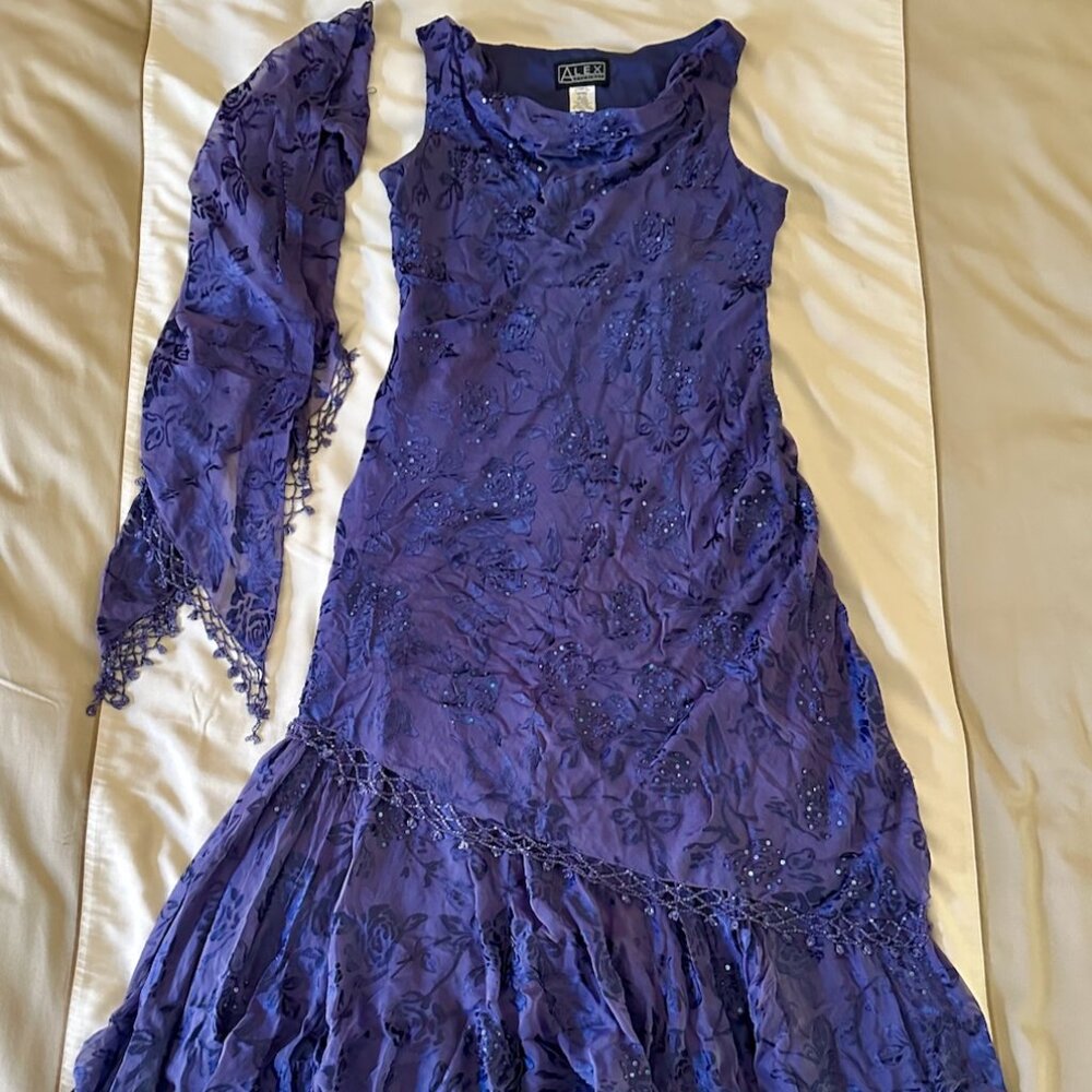 Alex Evenings beaded silk gown long dress + shawl dark blue Size 18 (XL)